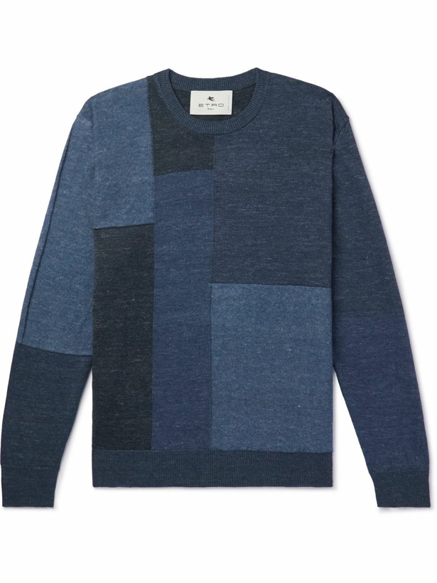 Photo: Etro - Patchwork Linen and Cotton-Blend Sweater - Blue