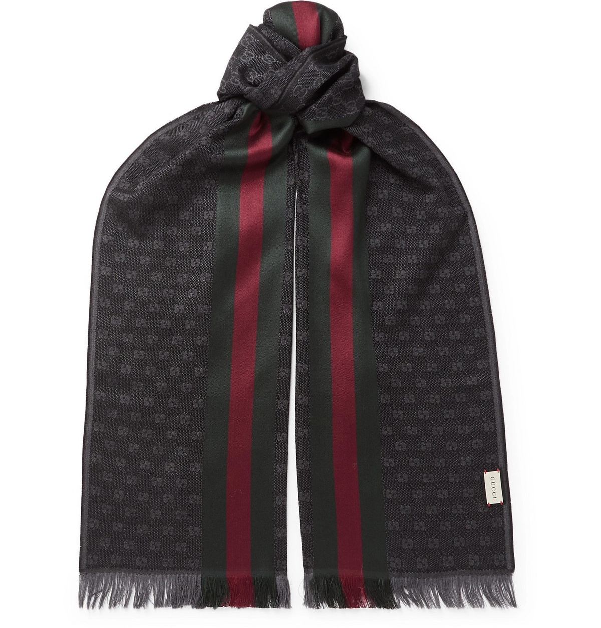 $400 Gucci Monogram Logo Wool Silk Dark Grey Charcoal Fringed