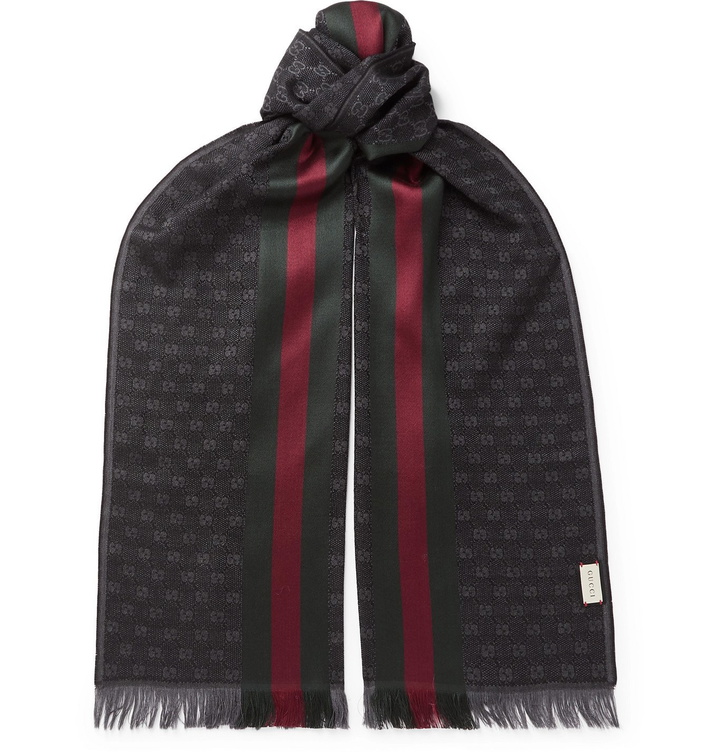 Photo: GUCCI - Fringed Logo-Jacquard Wool and Silk-Blend Scarf - Gray