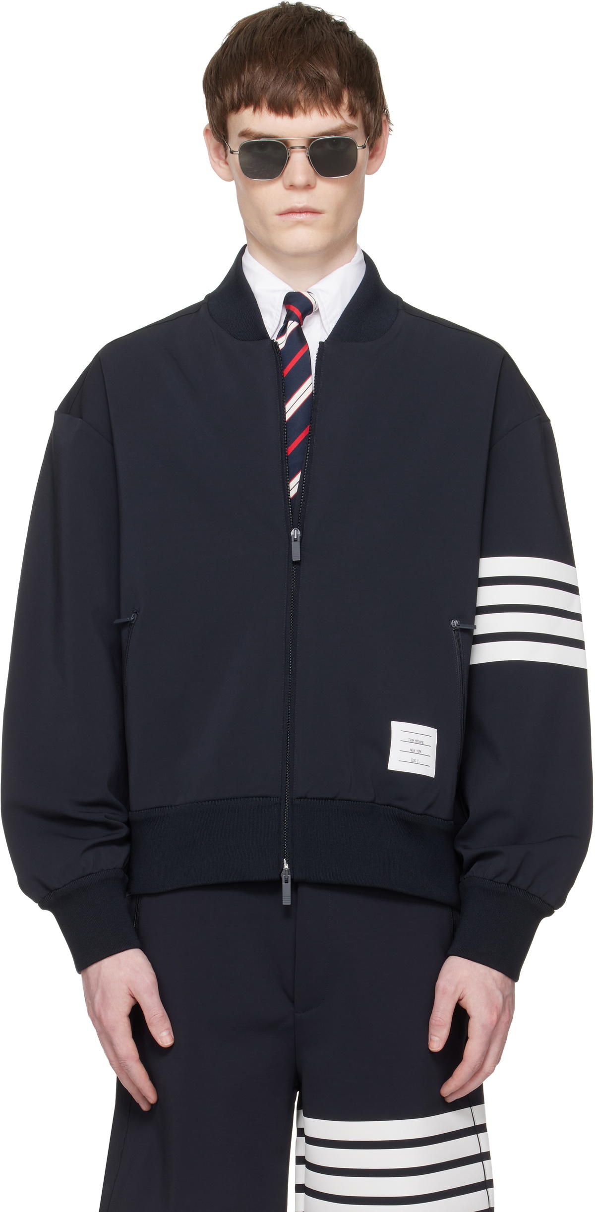 Thom Browne Navy Printed 4-Bar Bomber Jacket