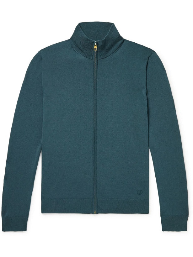 Photo: DUNHILL - Logo-Embroidered Merino Wool Zip-Up Sweater - Blue