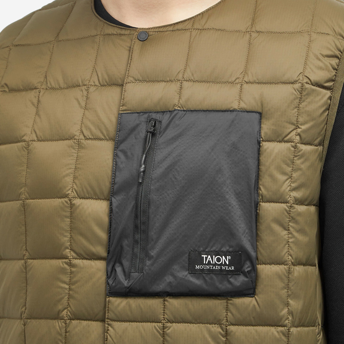 Taion Men's Mountain Crew Neck Light Down Vest in Dark Olive