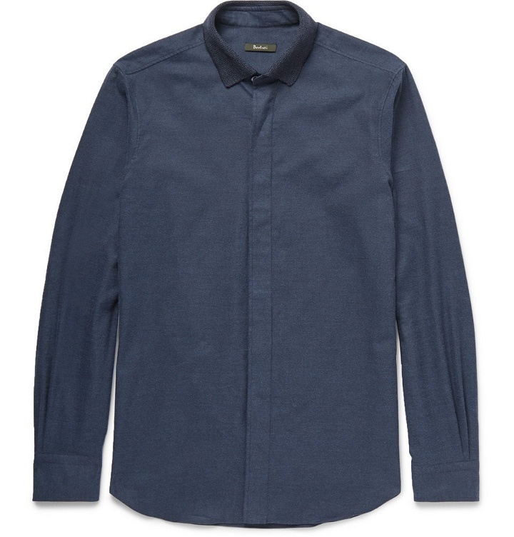 Photo: Berluti - Knitted-Collar Cotton Shirt - Men - Blue