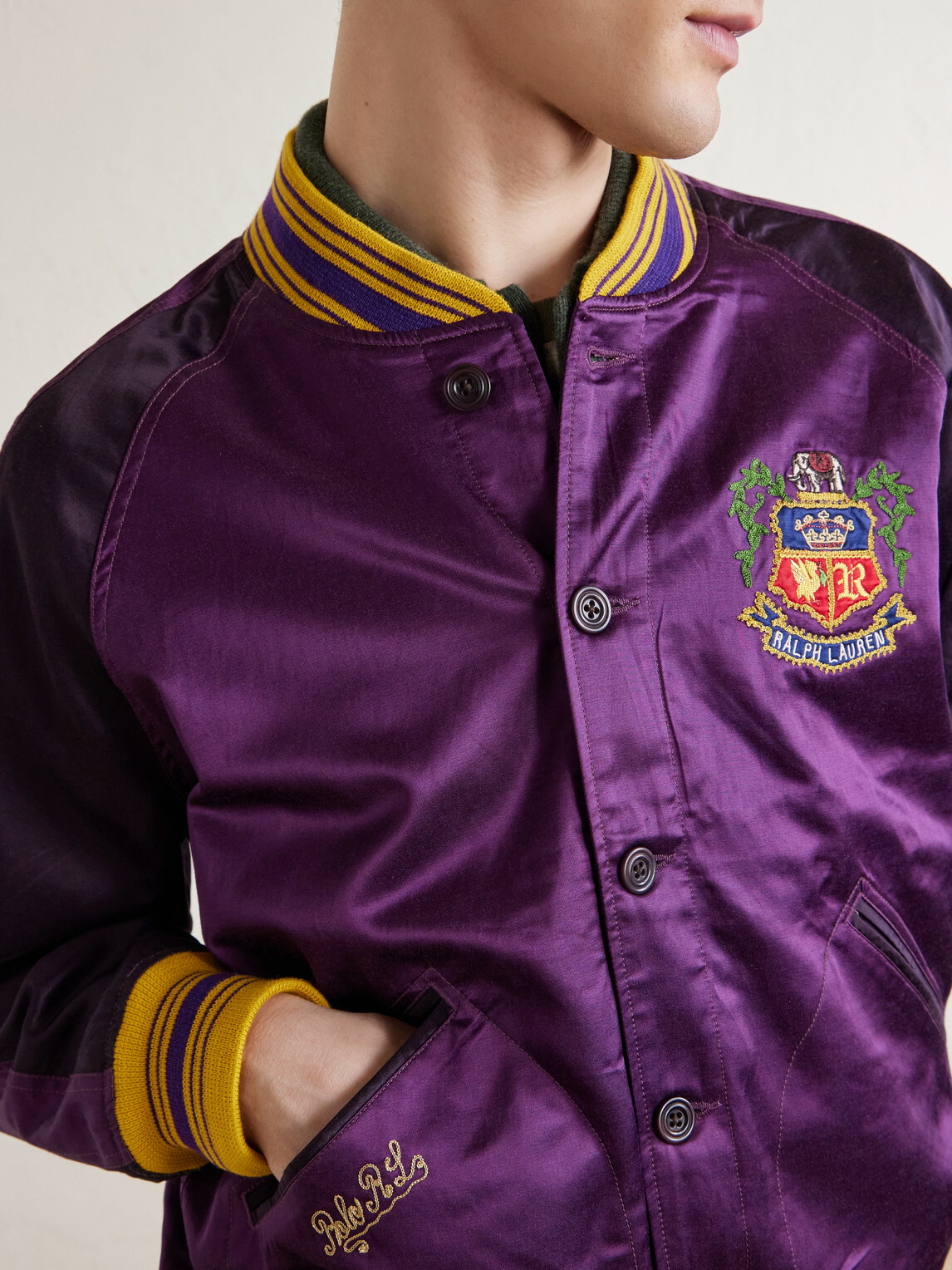 Polo Ralph Lauren - Embroidered Cotton-Blend Satin Bomber Jacket - Purple