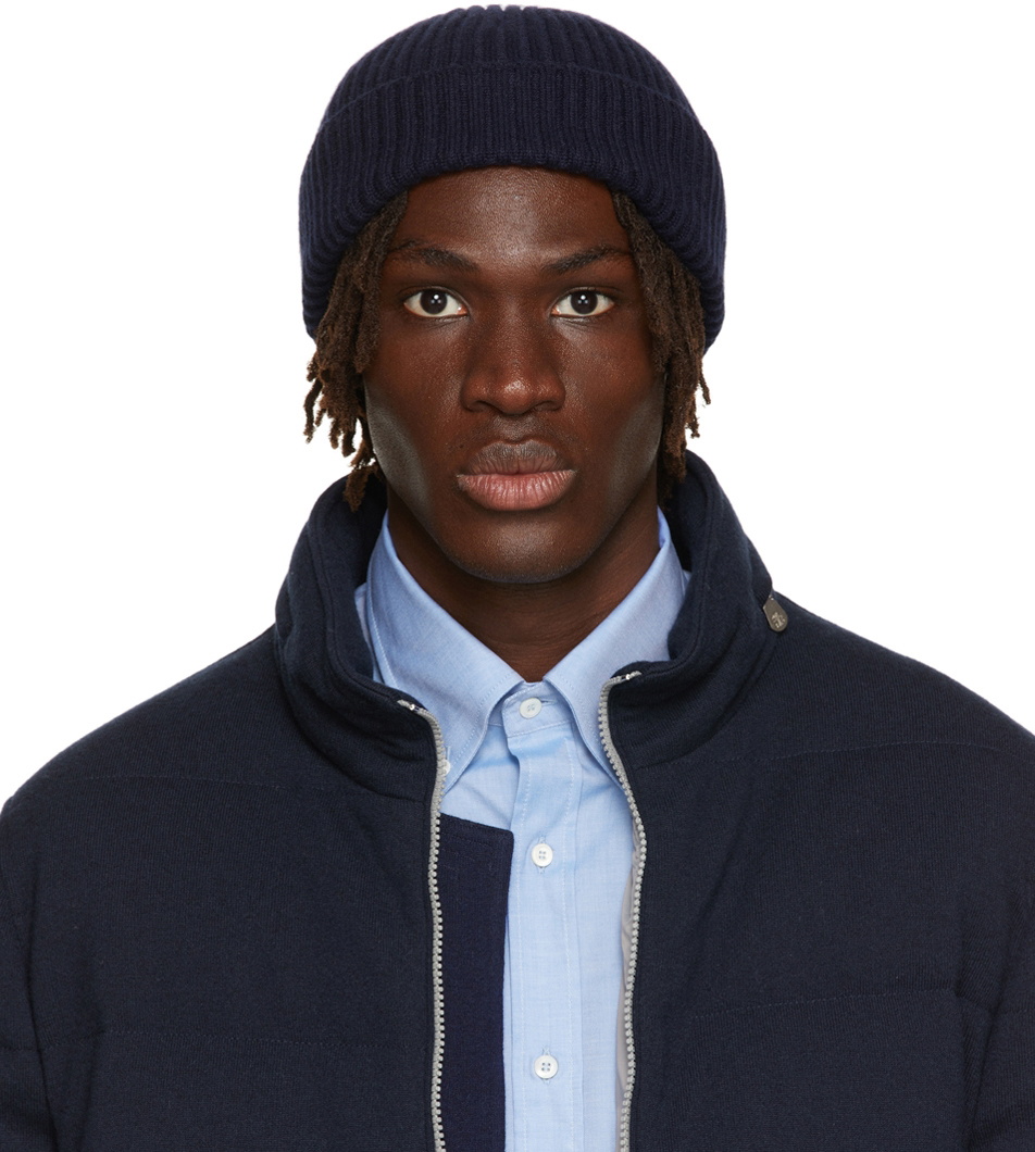 Brunello Cucinelli Navy Cashmere English Rib Beanie Brunello Cucinelli