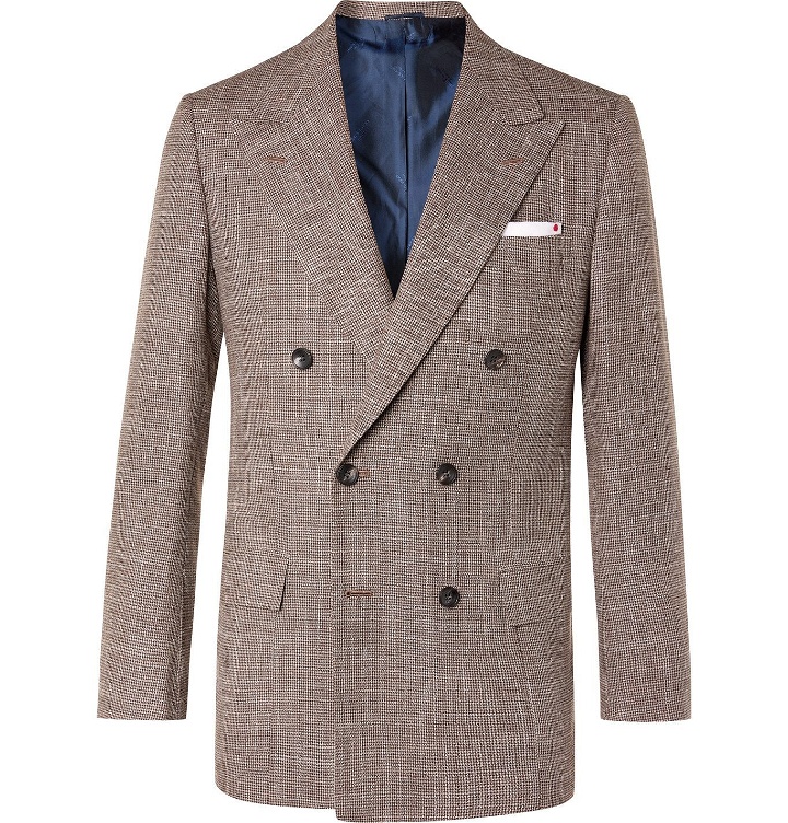 Photo: Kiton - Slim-Fit Double-Breasted Puppytooth Cashmere, Virgin Wool, Silk and Linen-Blend Suit Jacket - Brown