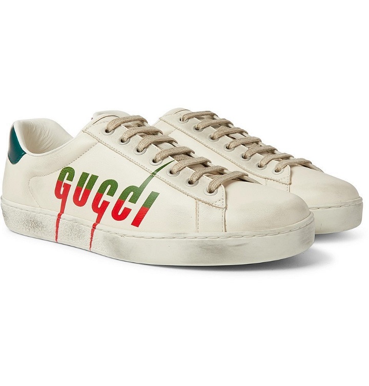 Photo: Gucci - Ace Distressed Leather Sneakers - Off-white