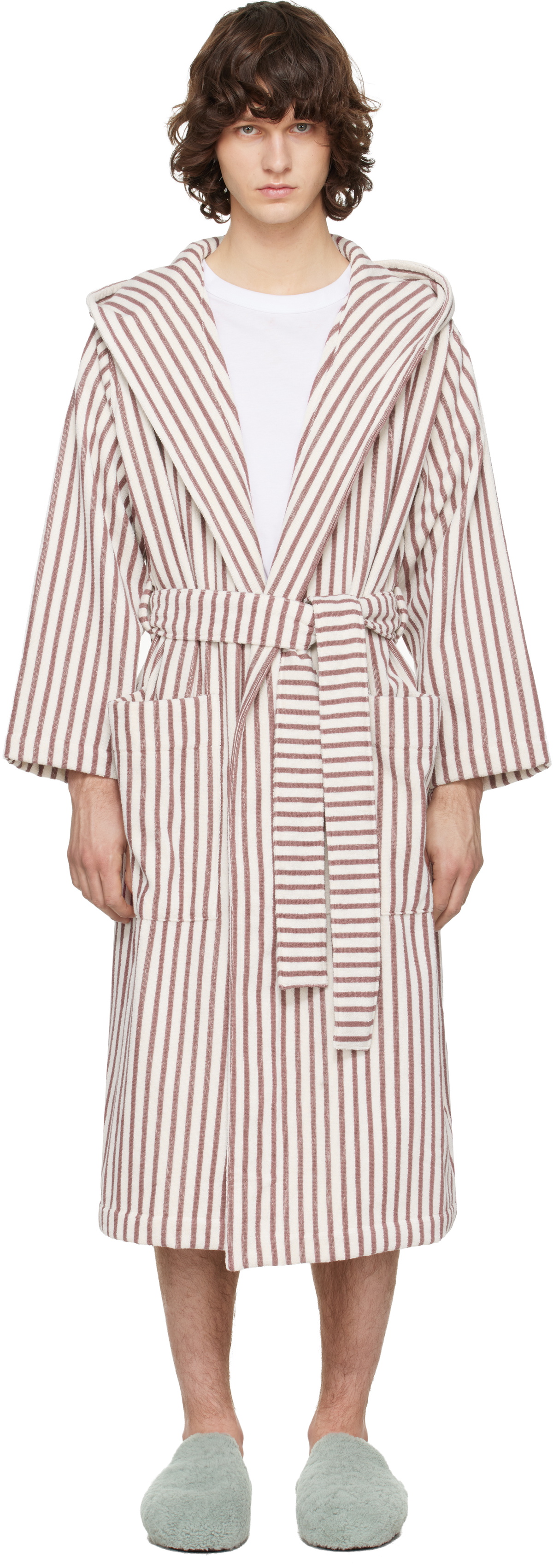 Tekla Off-White & Burgundy Terry Hooded Bathrobe