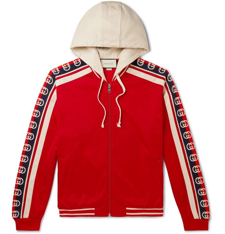 Photo: Gucci - Webbing-Trimmed Tech-Jersey Zip-Up Hoodie - Red
