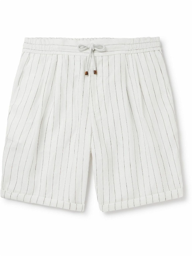 Photo: Brunello Cucinelli - Straight-Leg Striped Linen Drawstring Shorts - White