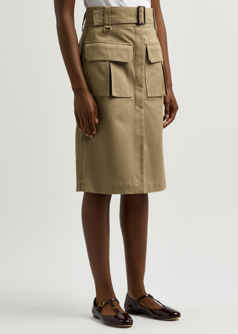 Chloe Women's Khaki Belted Cotton Cargo Midi Skirt Size 42