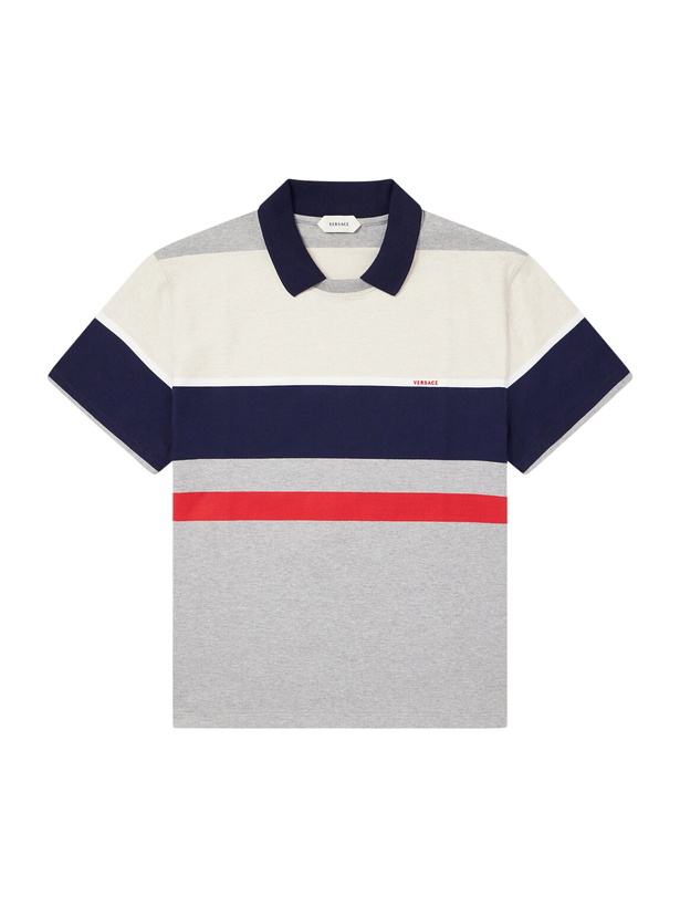 Photo: Versace - Logo-Embroidered Striped Cotton-Jersey Polo Shirt - White
