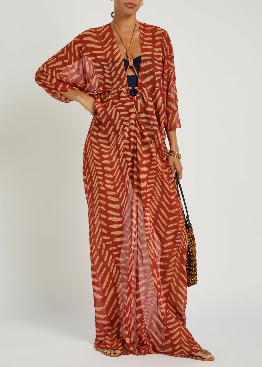 Johanna Ortiz Sensory Tapestry Patterned Georgette Maxi Kaftan Dress Red