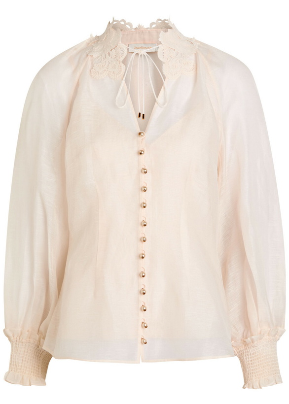 Photo: Zimmermann Rebellion Lace-appliquéd Linen and Silk-blend Blouse Cream