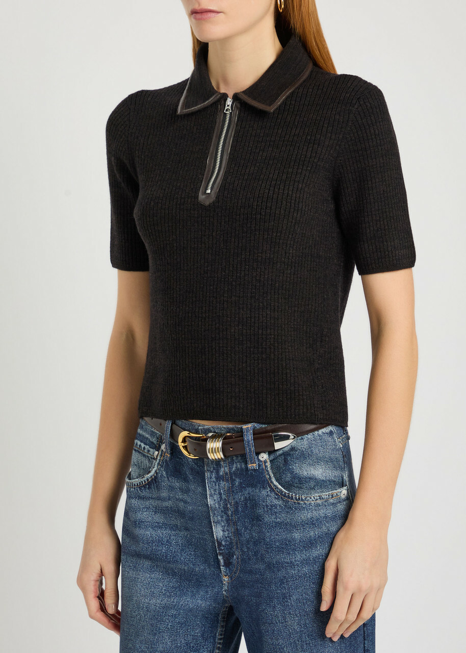 Rag & Bone Caterina Ribbed Wool-blend Polo top Dark Brown