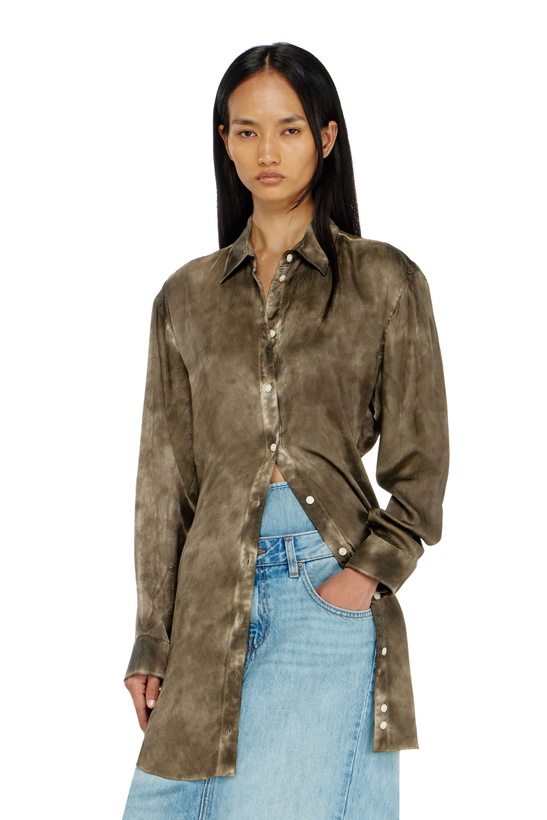 Photo: Diesel Long shirt in logo-jacquard crinkled satin - Dresses Womens in Green