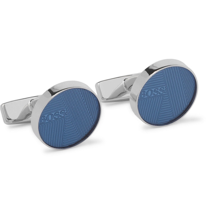 Photo: Hugo Boss - Colie Engine-Turned Silver-Tone and Enamel Cufflinks - Silver