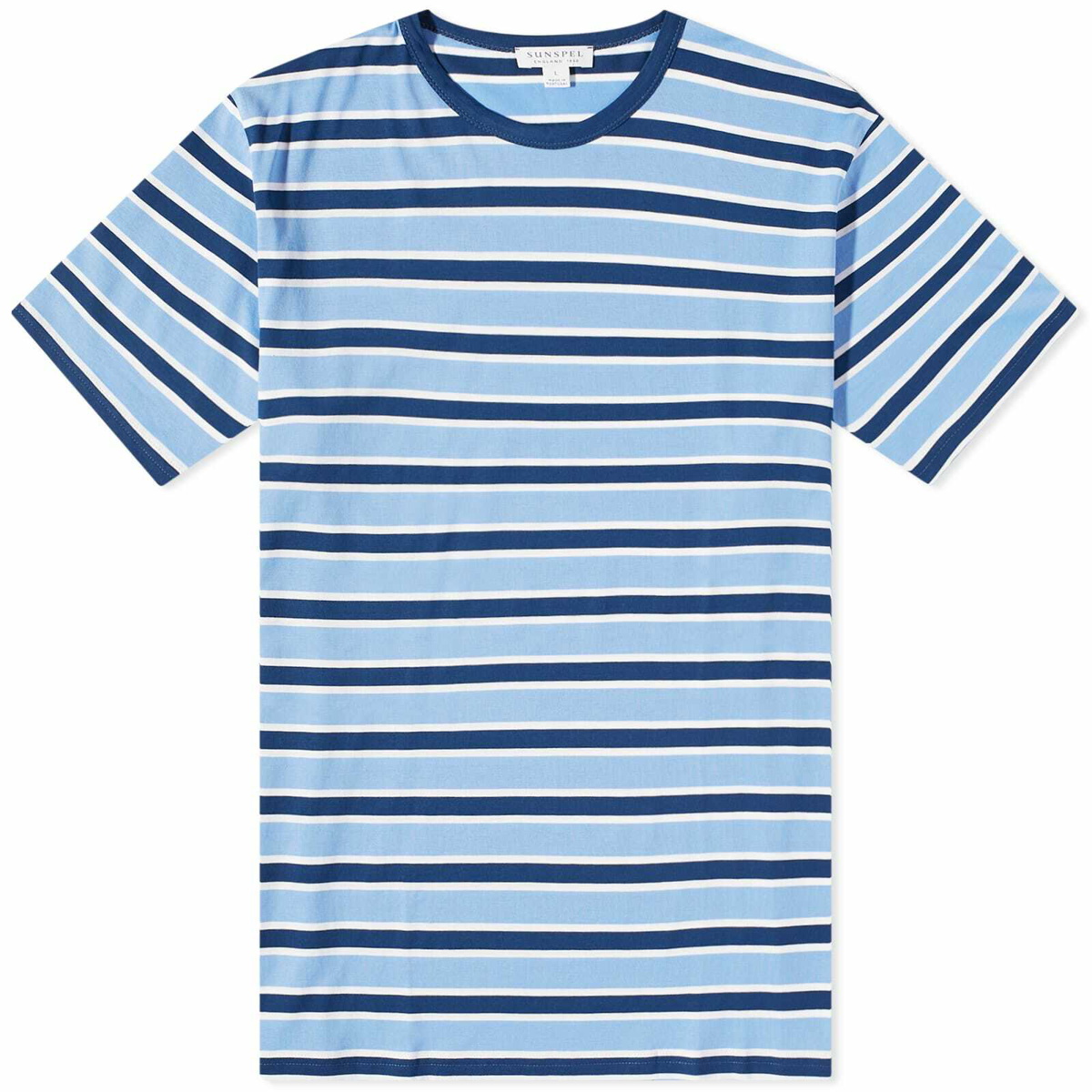 Sunspel Men's Classic Crew Neck T-Shirt in Coast/Cool Blue Stripe Sunspel
