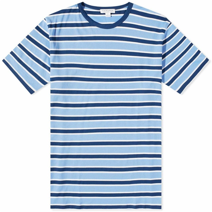 Photo: Sunspel Men's Classic Crew Neck T-Shirt in Coast/Cool Blue Stripe