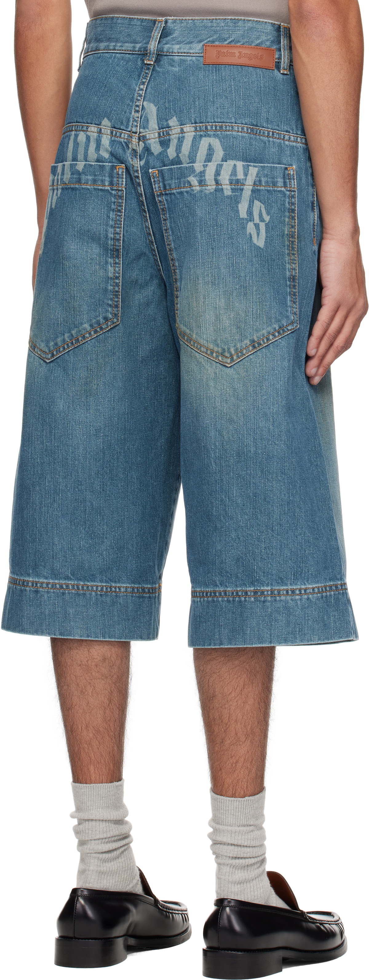 Palm Angels Blue Lasered Curved Logo Denim Shorts