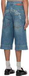 Palm Angels Blue Lasered Curved Logo Denim Shorts