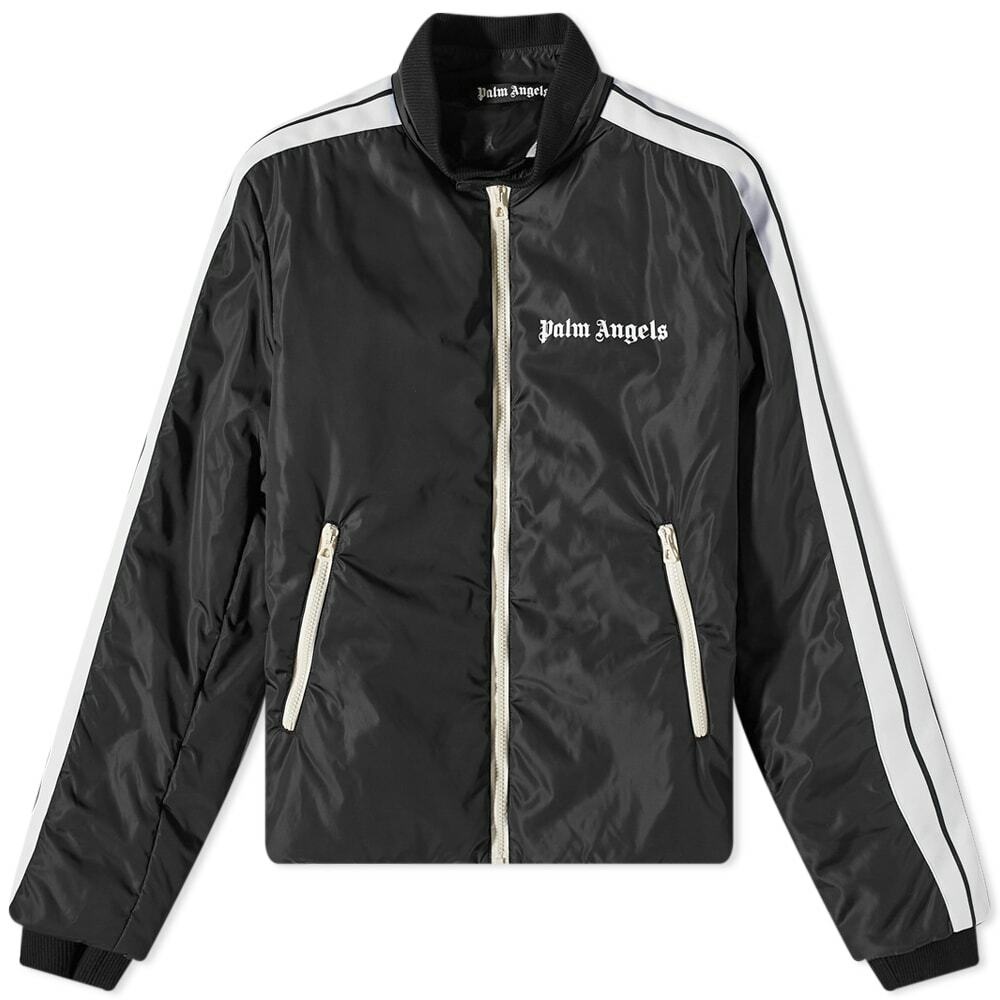 Photo: Palm Angels Men's Lightweight Logo Puffer Jacket in Black/White