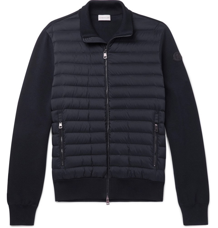 Photo: Moncler - Slim-Fit Panelled Cotton-Blend Jersey and Quilted Shell Down Zip-Up Sweater - Navy