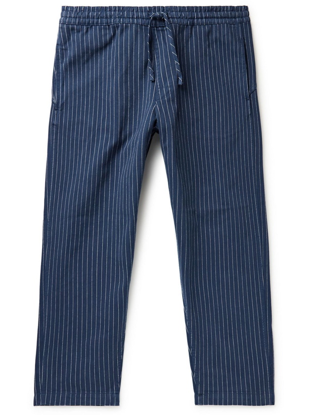 Photo: YMC - Alva Garment-Dyed Pinstriped Cotton-Blend Twill Drawstring Trousers - Blue