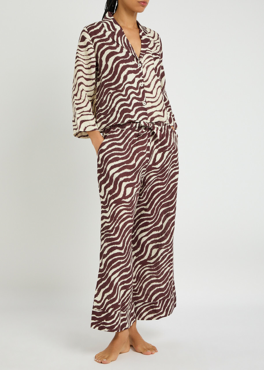 Desmond & Dempsey Tide Zebra-print Linen Trousers Brown