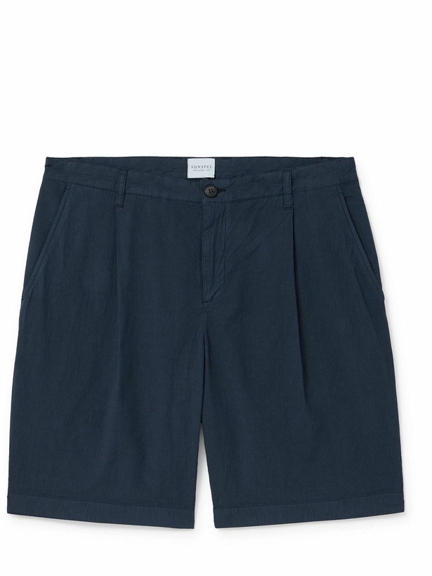 Photo: Sunspel - Straight-Leg Garment-Dyed Cotton-Blend Seersucker Shorts - Blue