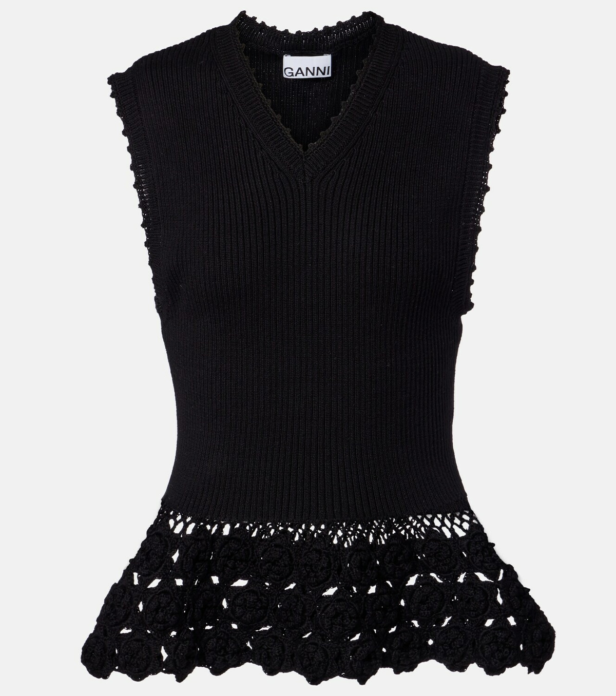 Ganni Crochet-trimmed ribbed cotton-blend top