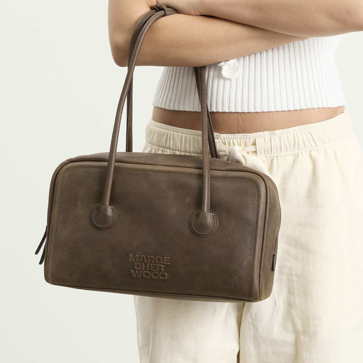 MARGESHERWOOD Women's Soft Boston Bag in Washed Brown Embossed Pull-Up 