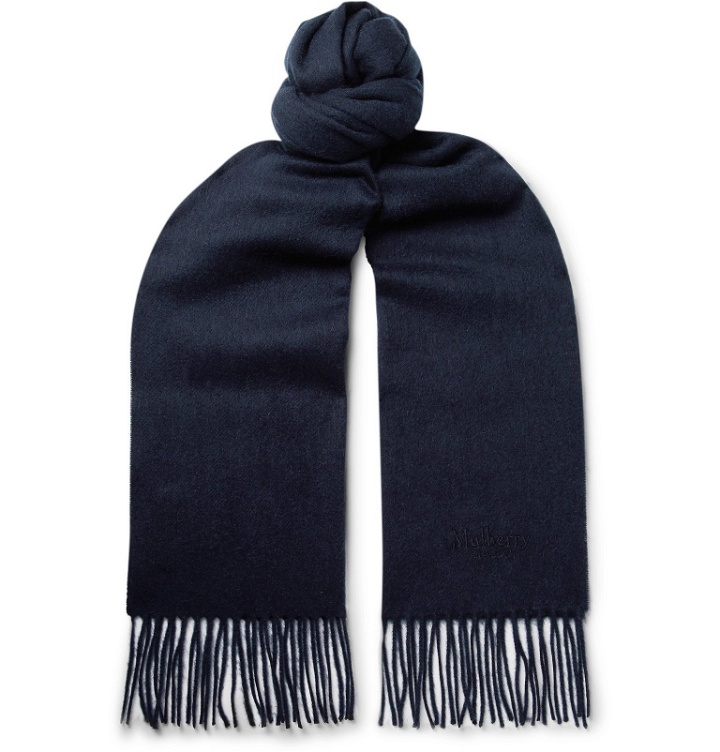 Photo: Mulberry - Fringed Logo-Embroidered Wool Scarf - Blue