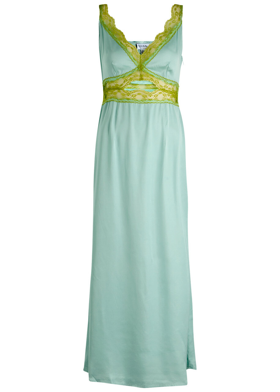 Never Fully Dressed Mimi Lace-trim Satin Midi Dress Blue