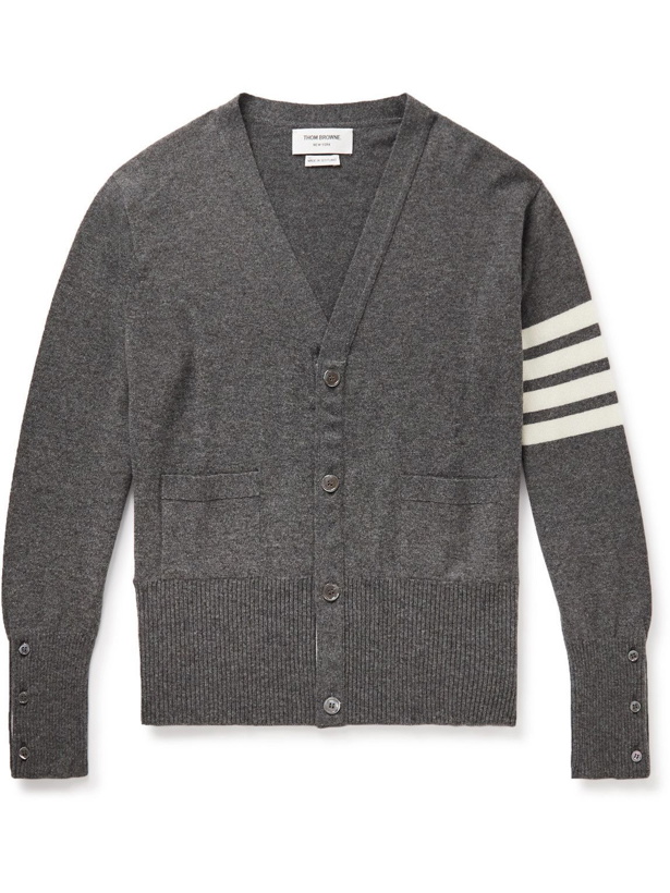 Photo: Thom Browne - Slim-Fit Striped Grosgrain-Trimmed Cashmere Cardigan - Gray