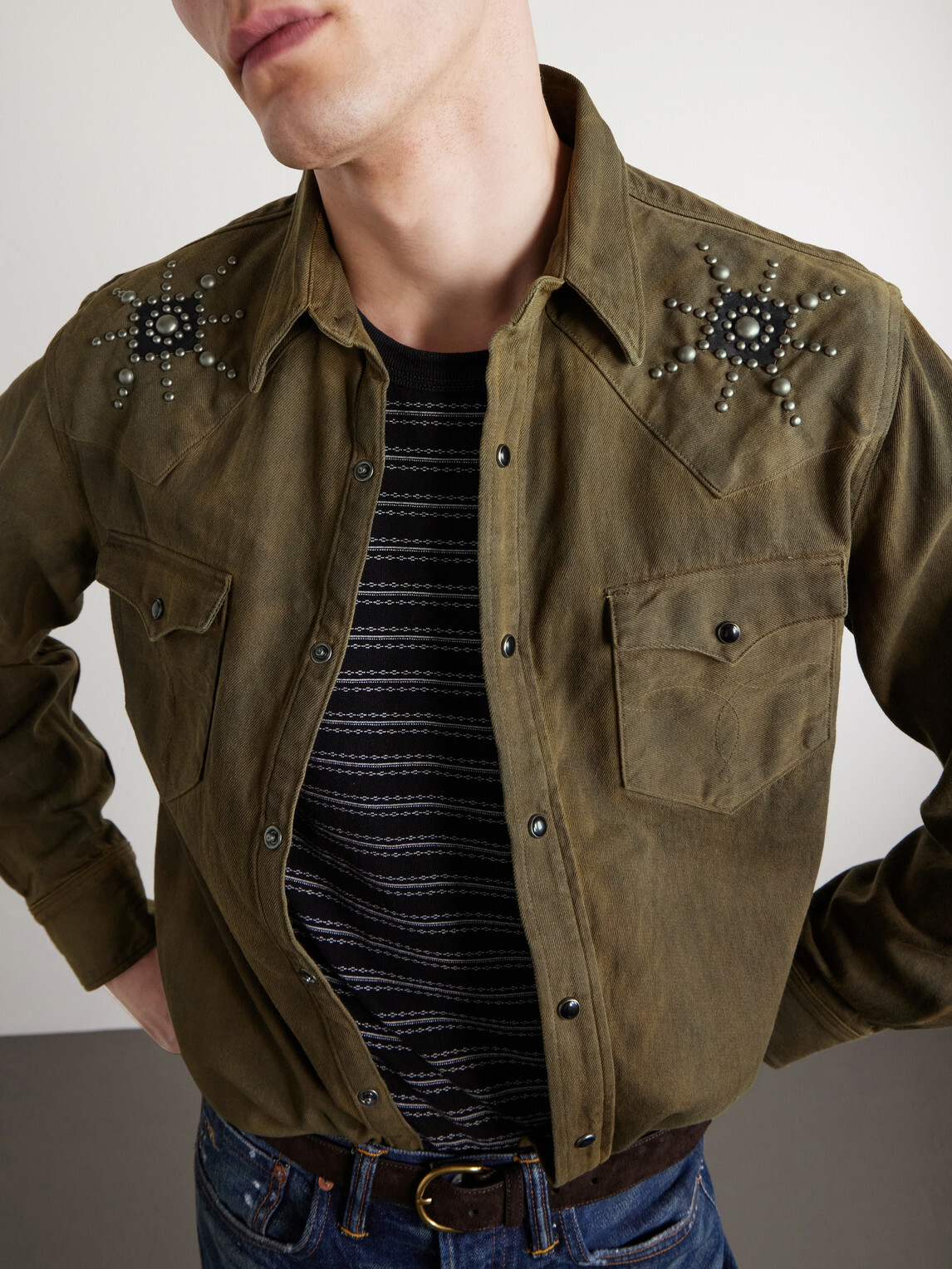RRL - Buffalo West Studded Leather-Trimmed Denim Shirt - Brown