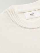 AMI PARIS - Logo-Intarsia Striped Organic Cotton and Wool-Blend Sweater - White