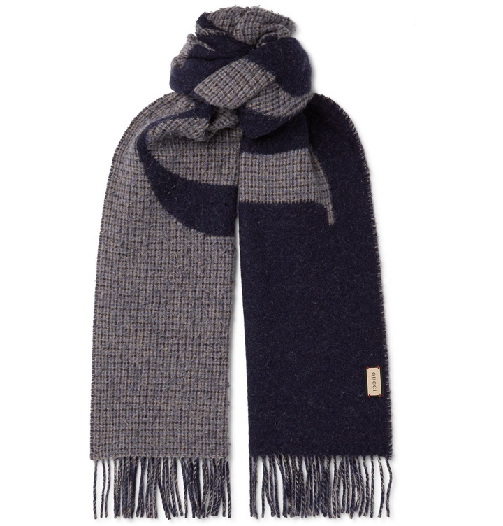 Photo: GUCCI - Fringed Logo-Jacquard Wool-Blend Scarf - Blue