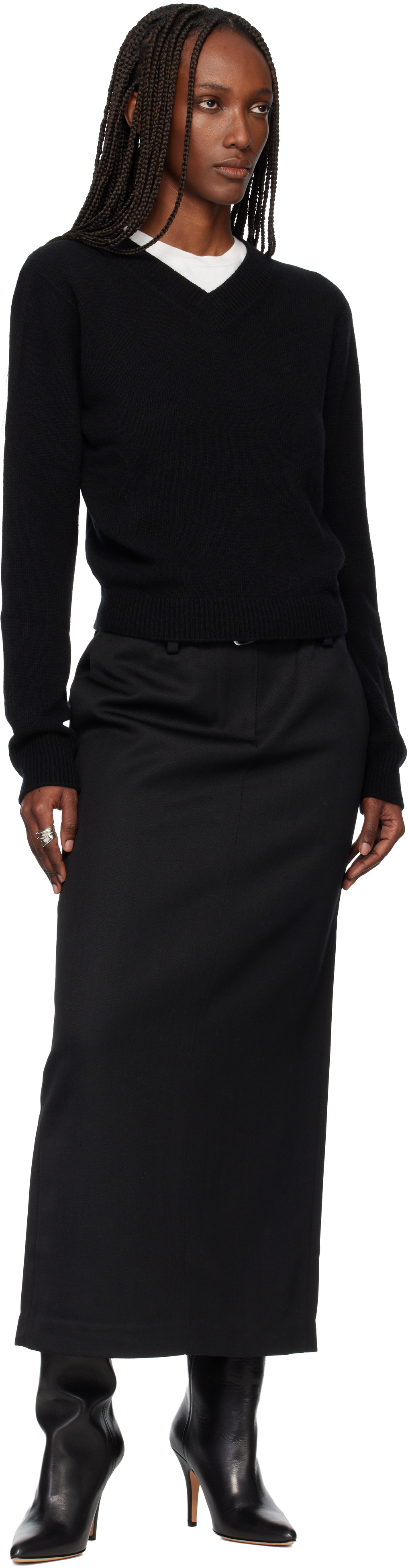 TONYWACK Black Low-Waisted Wool-Twill Belted Maxi Skirt