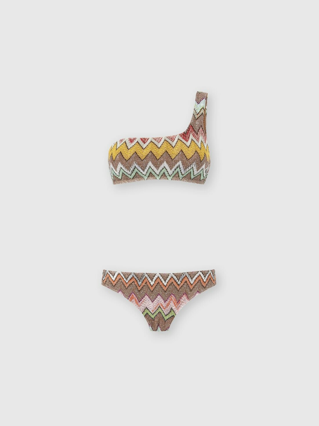 Missoni - One-shoulder bikini in lamé viscose with macro zigzag pattern, Women, Black & Multicoloured