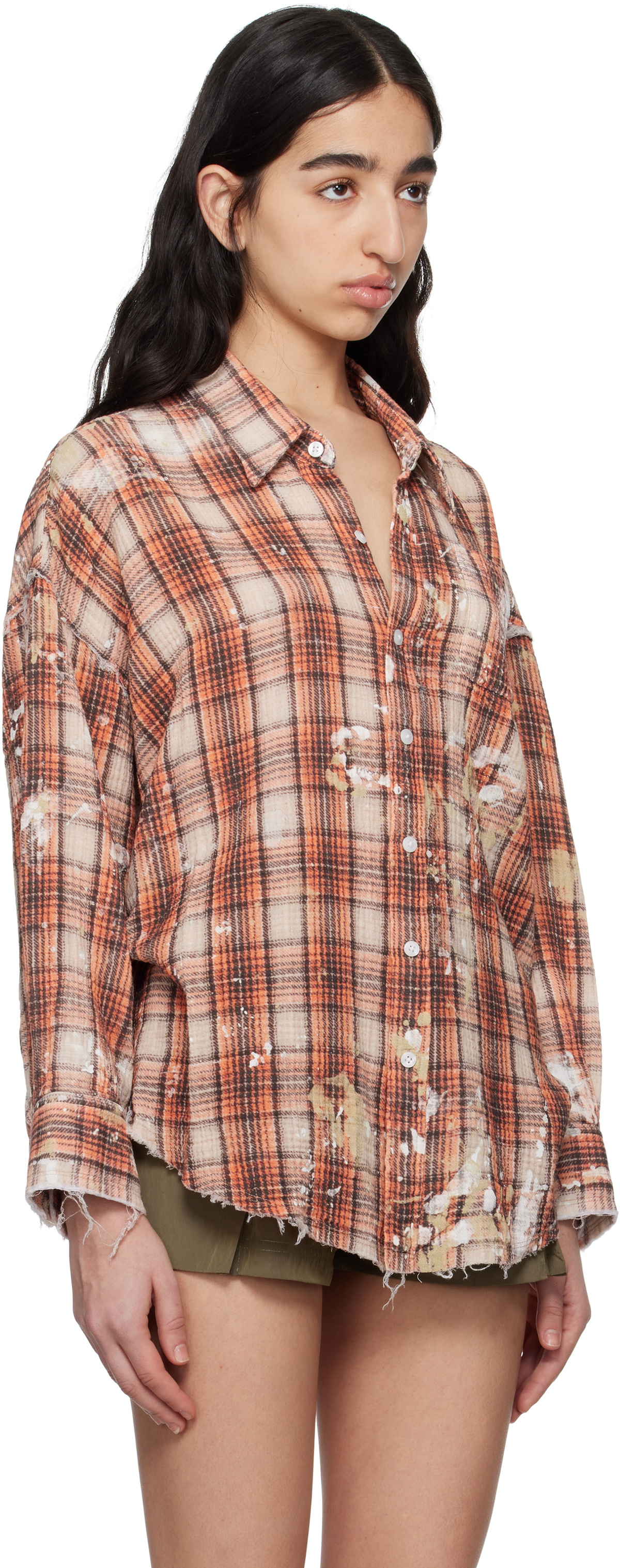 R13 Orange & Beige Shredded Seam Drop Neck Shirt