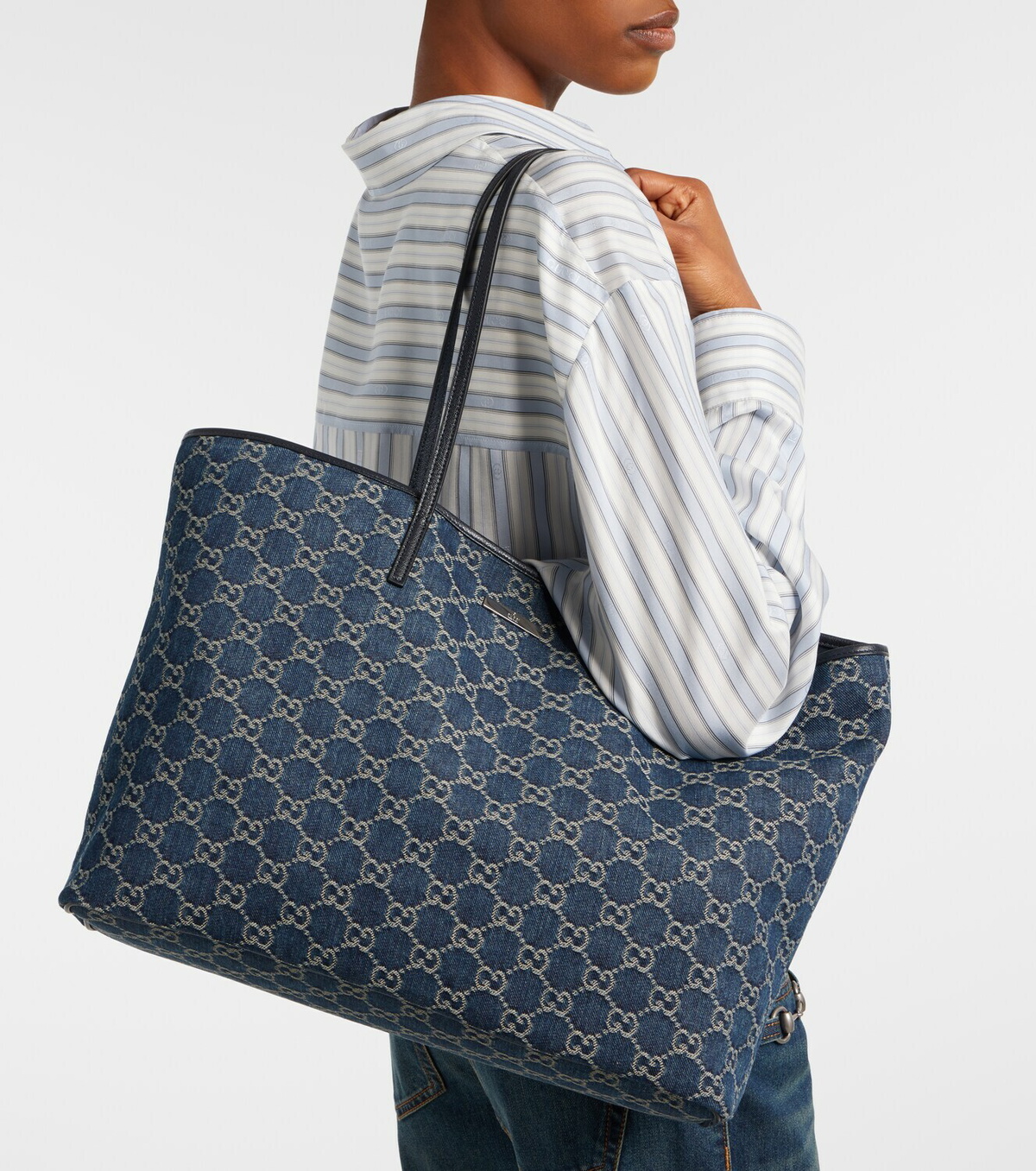Gucci Essence Large leather-trimmed denim tote bag