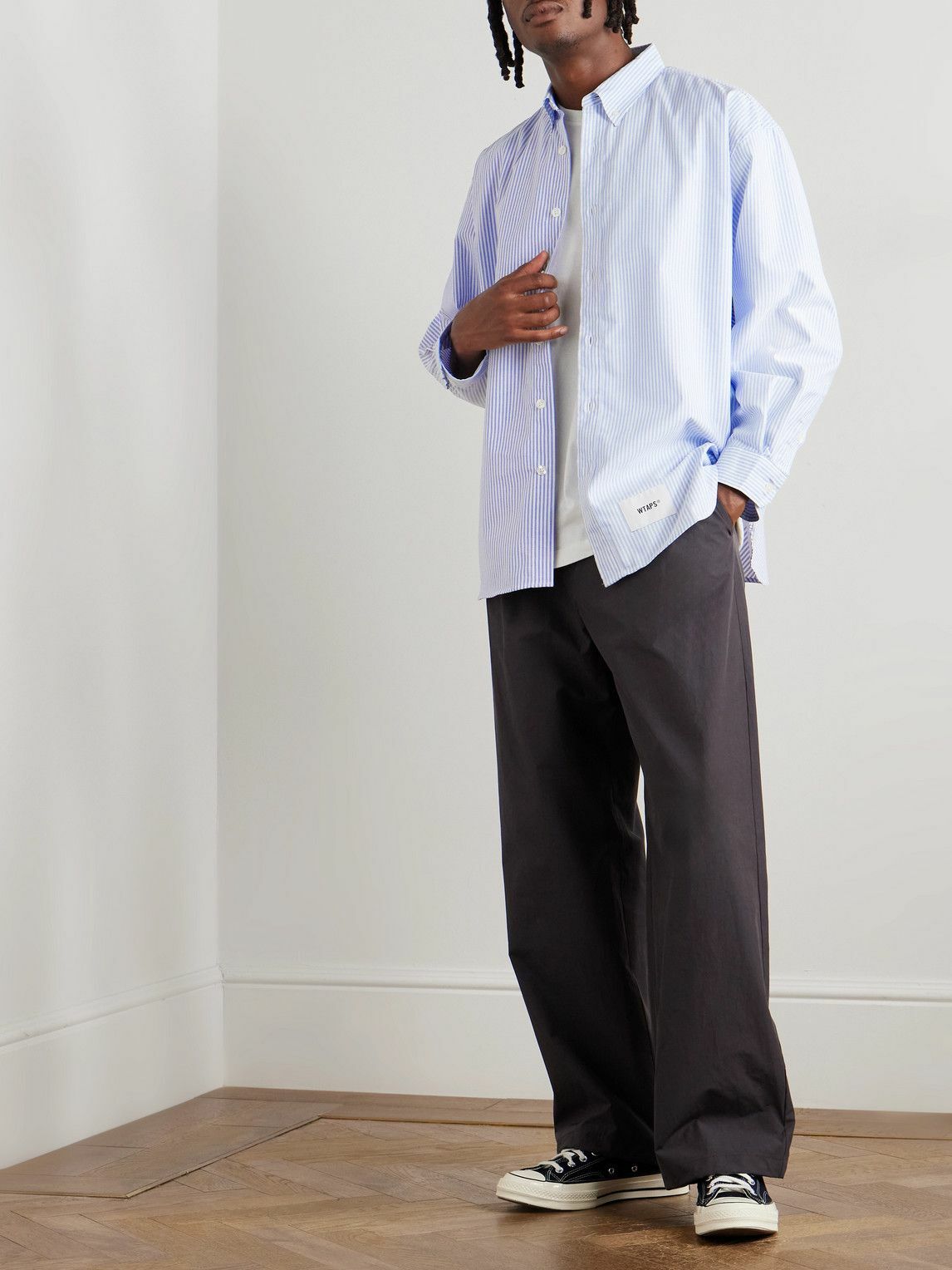WTAPS - Button Down-Collar Logo-Appliquéd Panelled Striped COOLMAX® Shirt - Blue