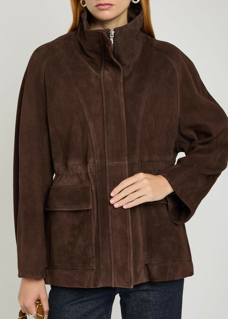 Nour Hammour Quai Funnel-neck Suede Jacket Dark Brown