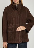 Nour Hammour Quai Funnel-neck Suede Jacket Dark Brown