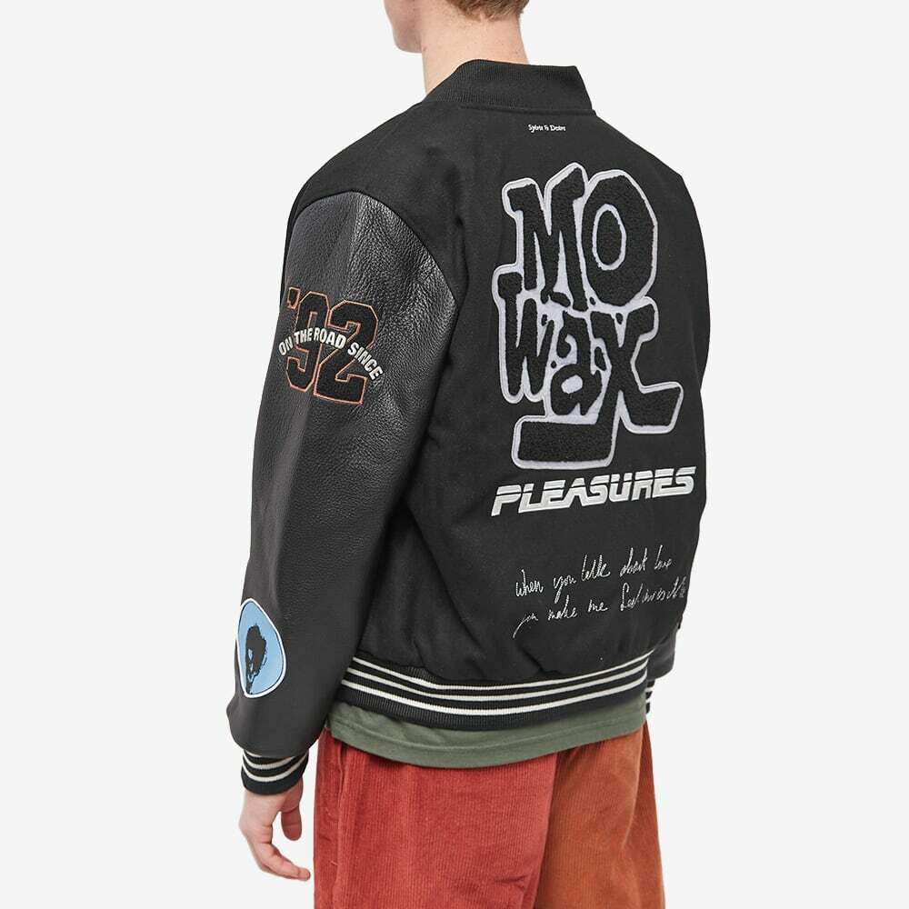 PLEASURES MO WAX スタジャン Pleasures Men's Mowax Varsity Jacket in Black/White PLEASURES