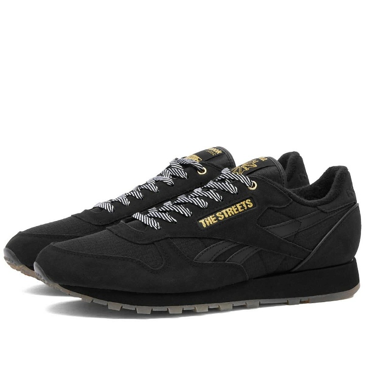 Photo: Reebok x The Streets by END. Classic Leather Sneakers in Black/Gold Metallic/White