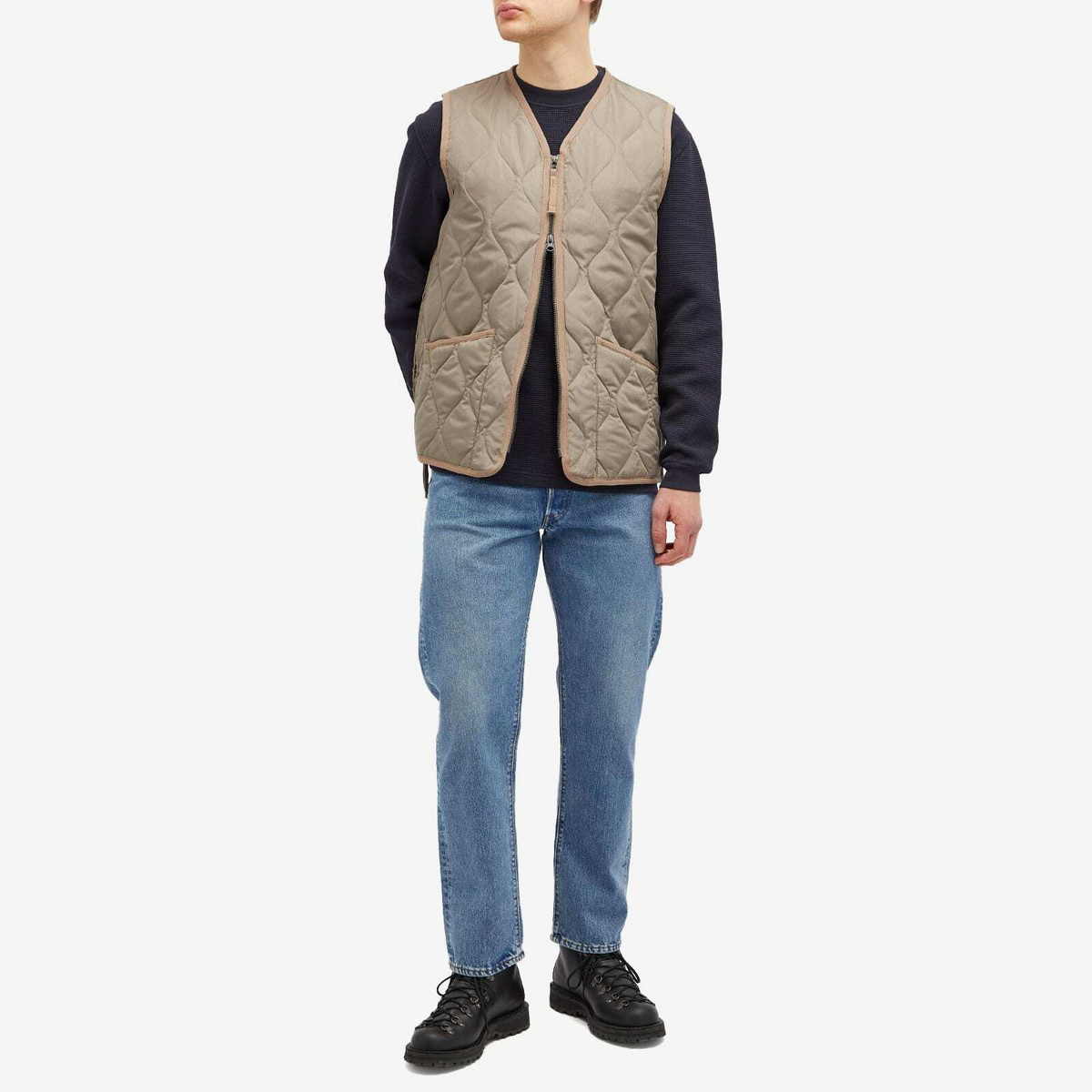 Taion Men's Military Zip V-Neck Down Vest in Light Mocha