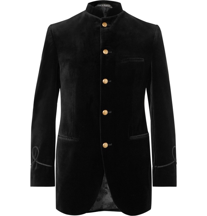 Photo: Favourbrook - Dark-Green Slim-Fit Nehru-Collar Cotton-Velvet Jacket - Black
