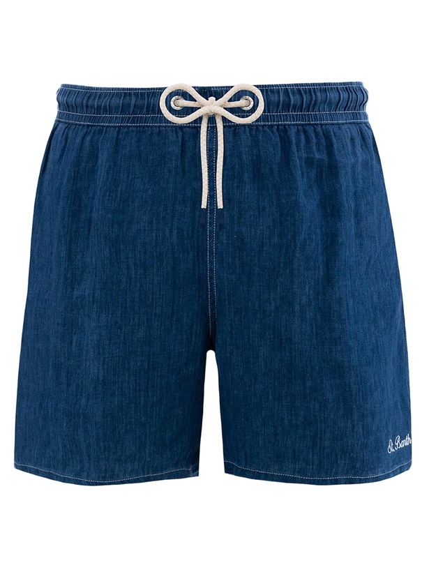 Photo: MC2 Saint Barth Man Mid-length Denim Blue Linen Swim-shorts Gustavia